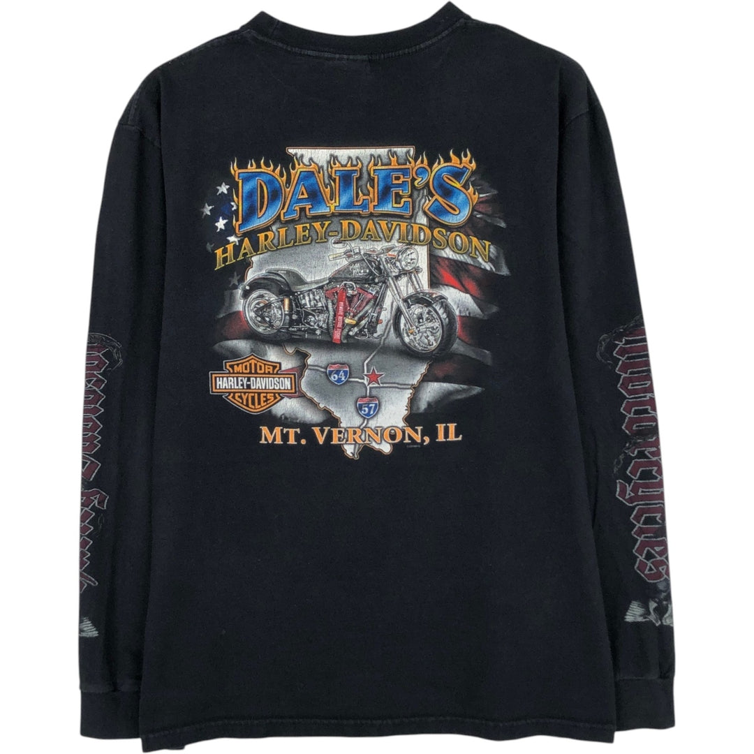 2000'S Harley-Davidson Skull Pattern Motorcycle Long-Sleeve T-Shirt (Men's Size L) cotton black type Vintage Second Hand