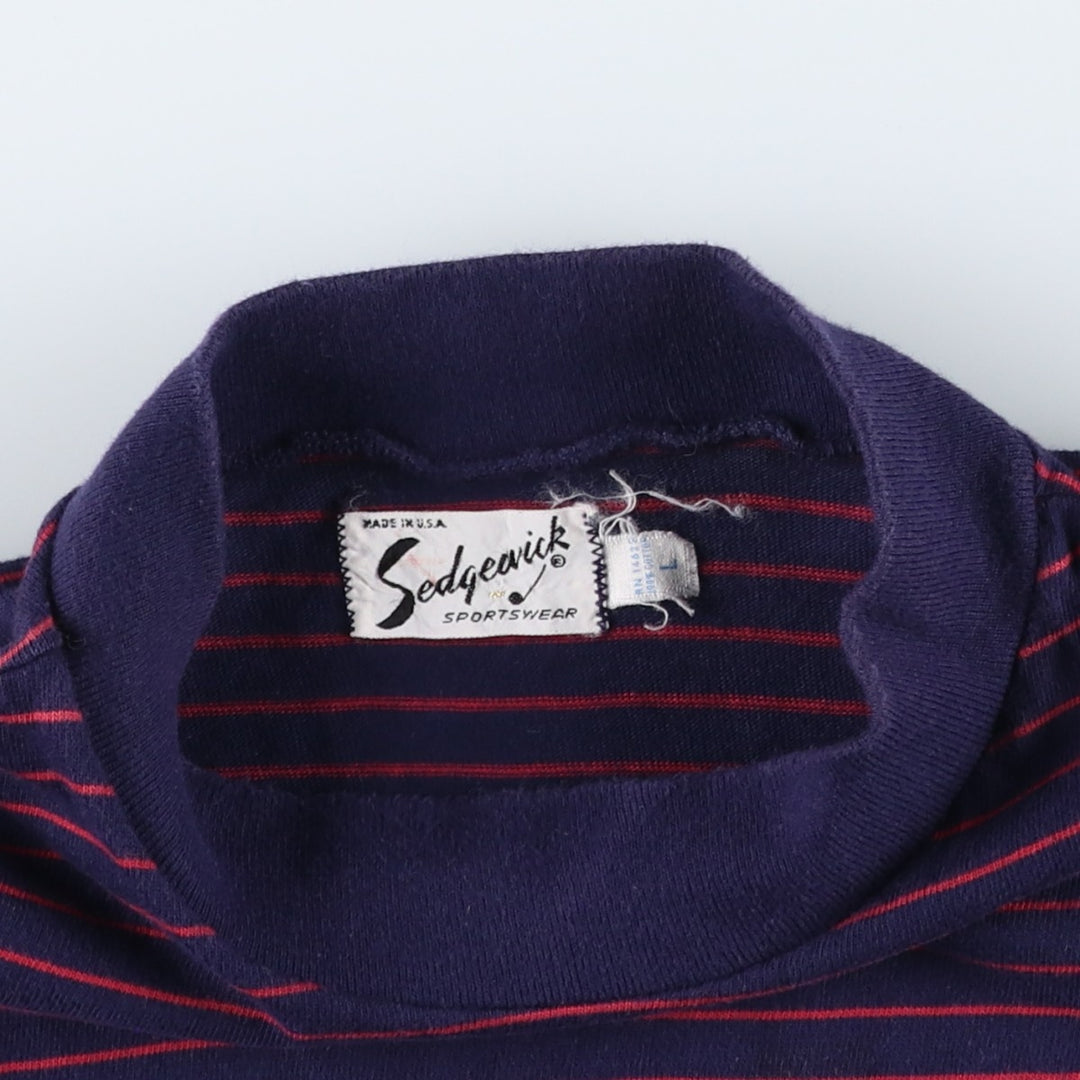 ~90'S Sedgewick Sportswear Mock Neck Striped T-Shirt, Made in USA, Women's Size L (Equivalent), Vintage cotton navy blue type Vintage Second Hand