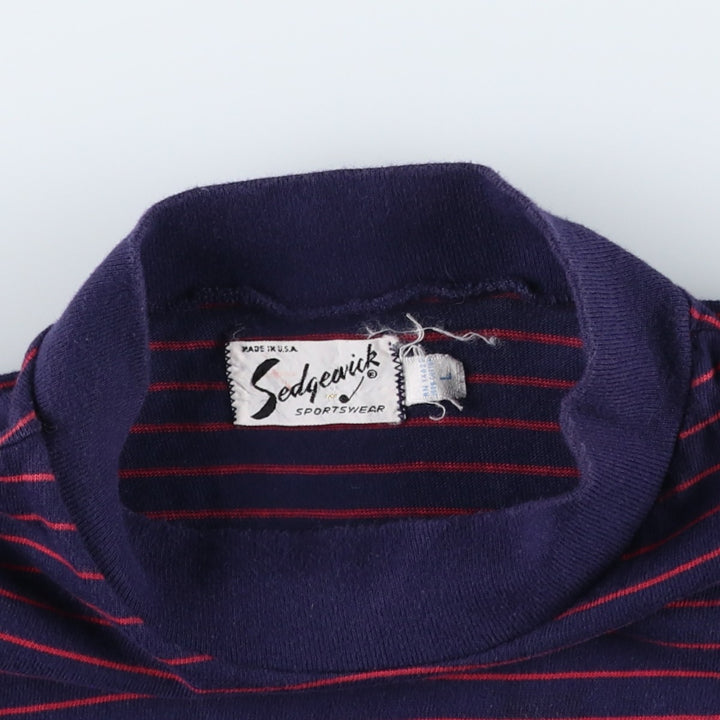 ~90'S Sedgewick Sportswear Mock Neck Striped T-Shirt, Made in USA, Women's Size L (Equivalent), Vintage cotton navy blue type Vintage Second Hand