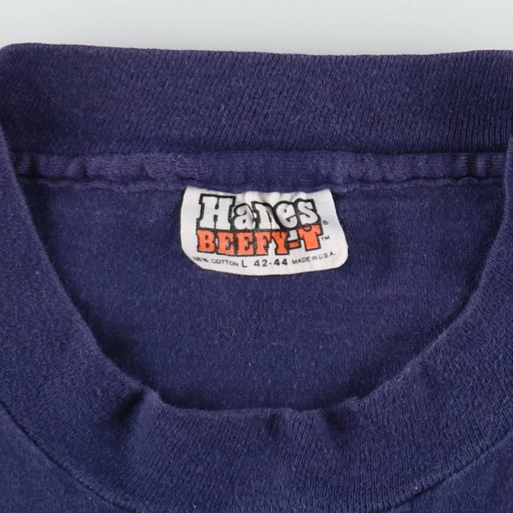 80'S Hanes Orange Tag Printed T-Shirt, Made in USA, Men's Size L (Equivalent), Vintage cotton navy blue type Vintage Second Hand