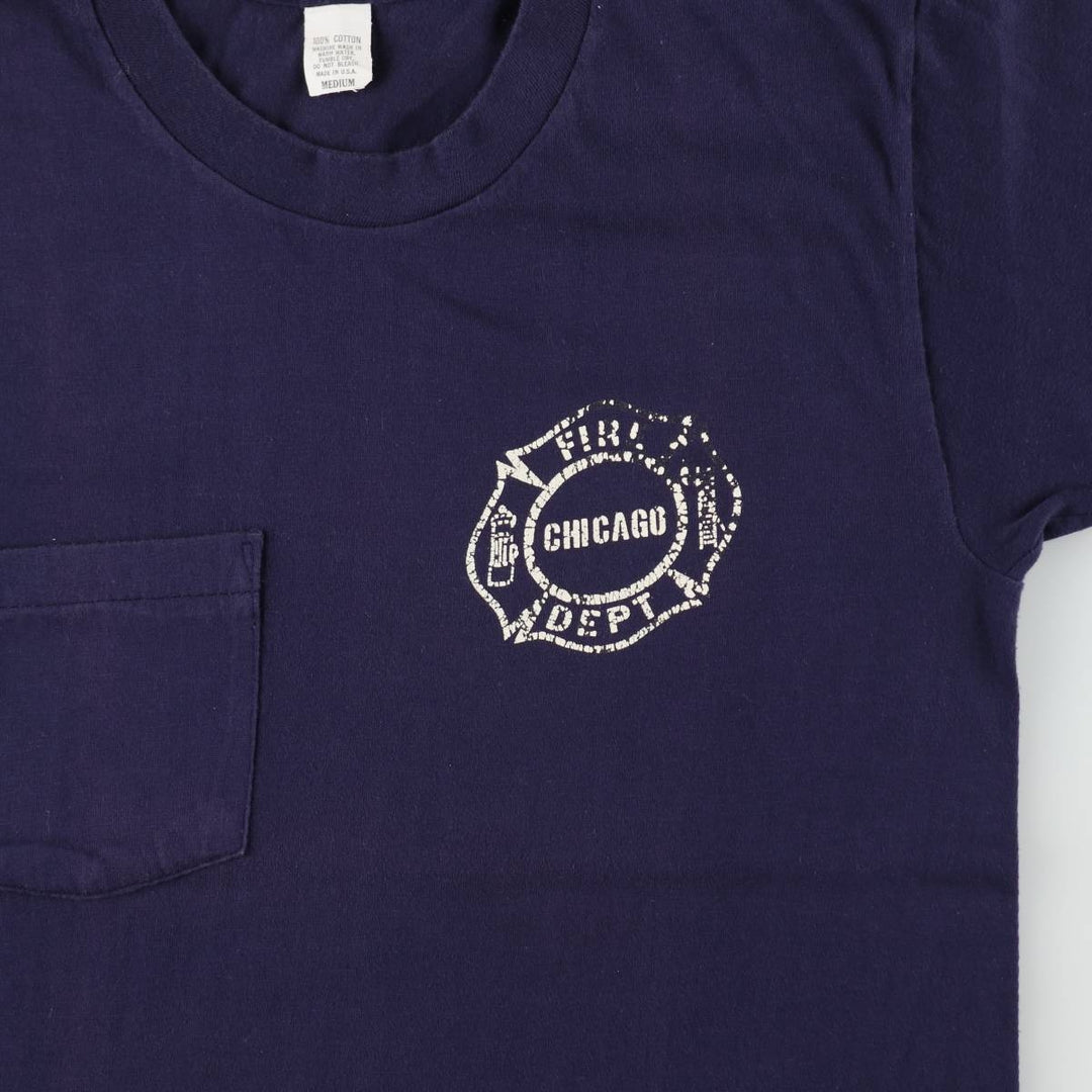 Chicago Fire Department Print T-Shirt, Made in USA, Women's Size M (approx.), Vintage cotton navy blue type Vintage Second Hand