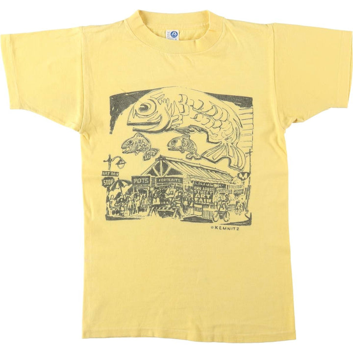 80'S Artex Milton Chemnitz Print T-Shirt, Made in USA, Women's Size S (Equivalent), Vintage cotton lemon yellow Vintage Second Hand