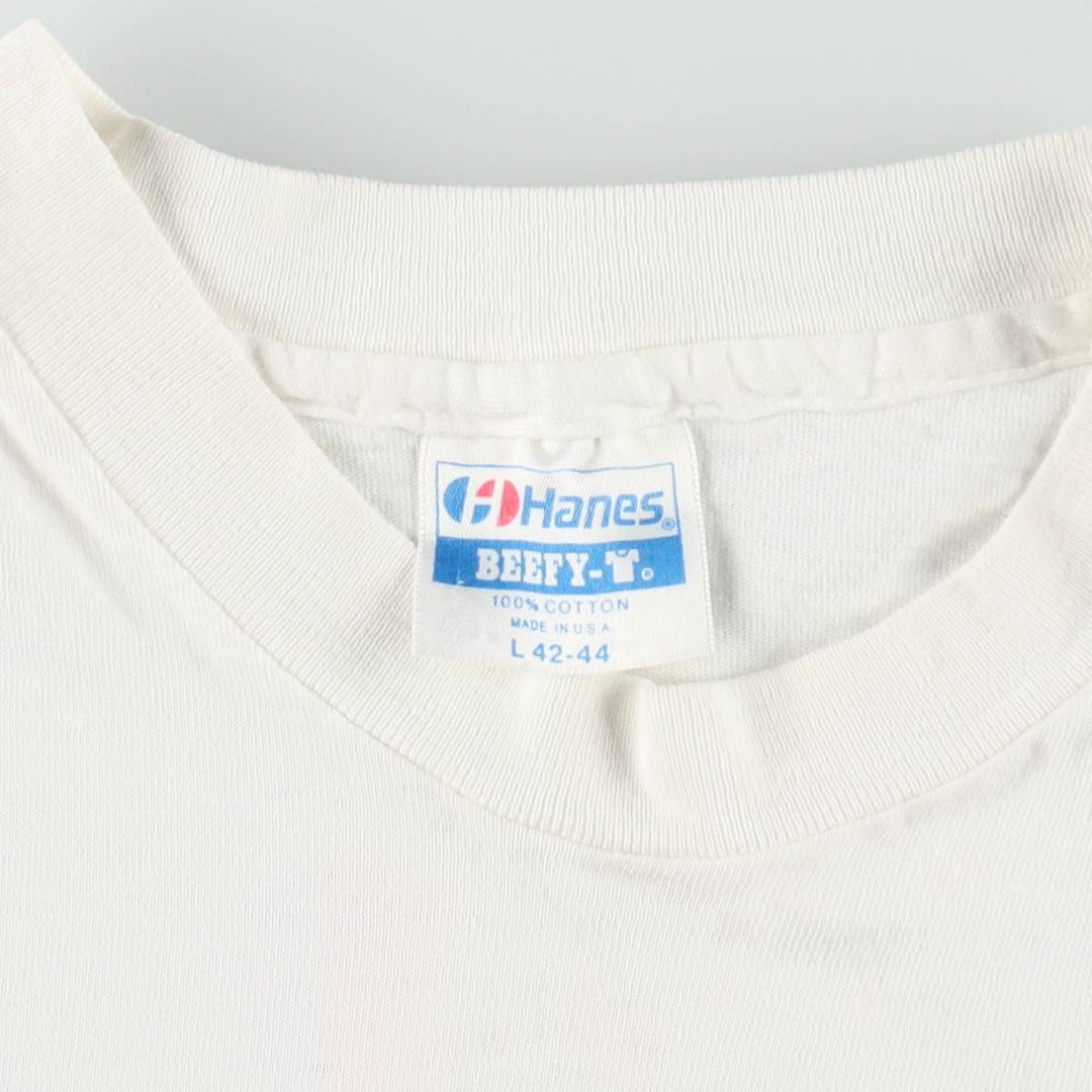 Vintage 80'S Hanes BEEFY-T Blue Tag Printed T-Shirt Made in USA Men's Size L cotton white type Vintage Second Hand