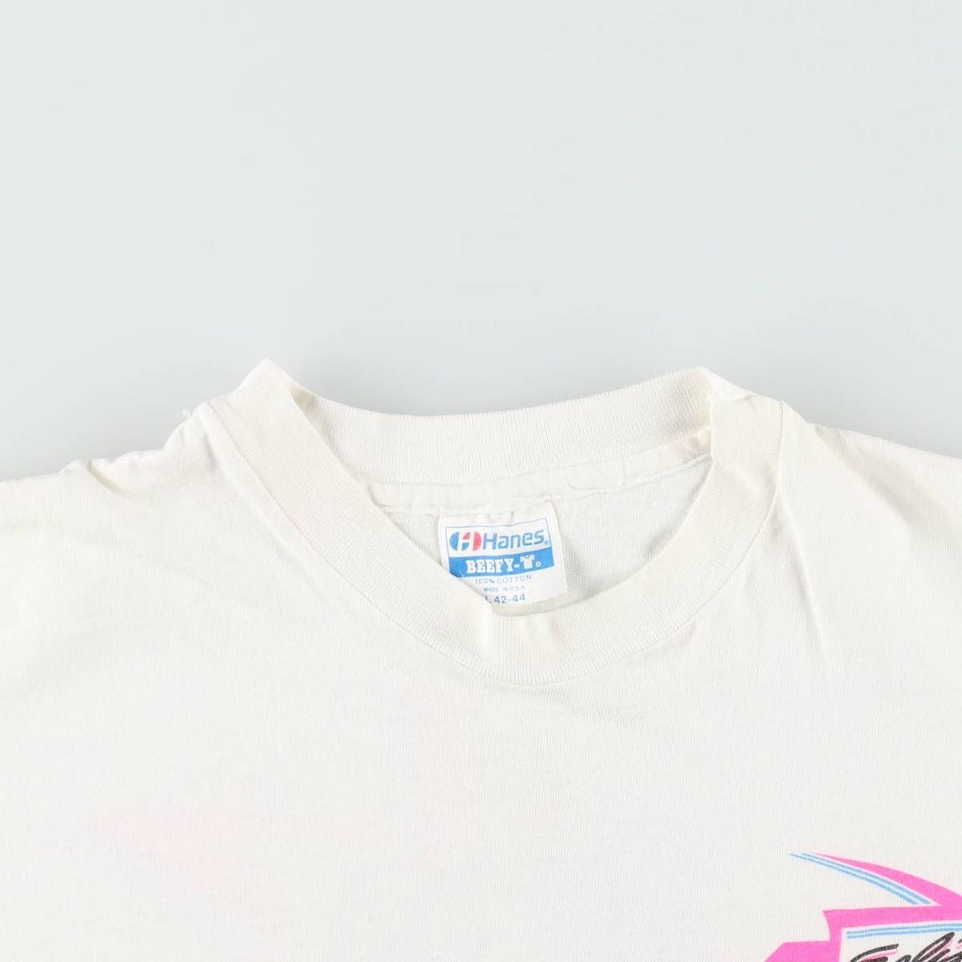 Vintage 80'S Hanes BEEFY-T Blue Tag Printed T-Shirt Made in USA Men's Size L cotton white type Vintage Second Hand