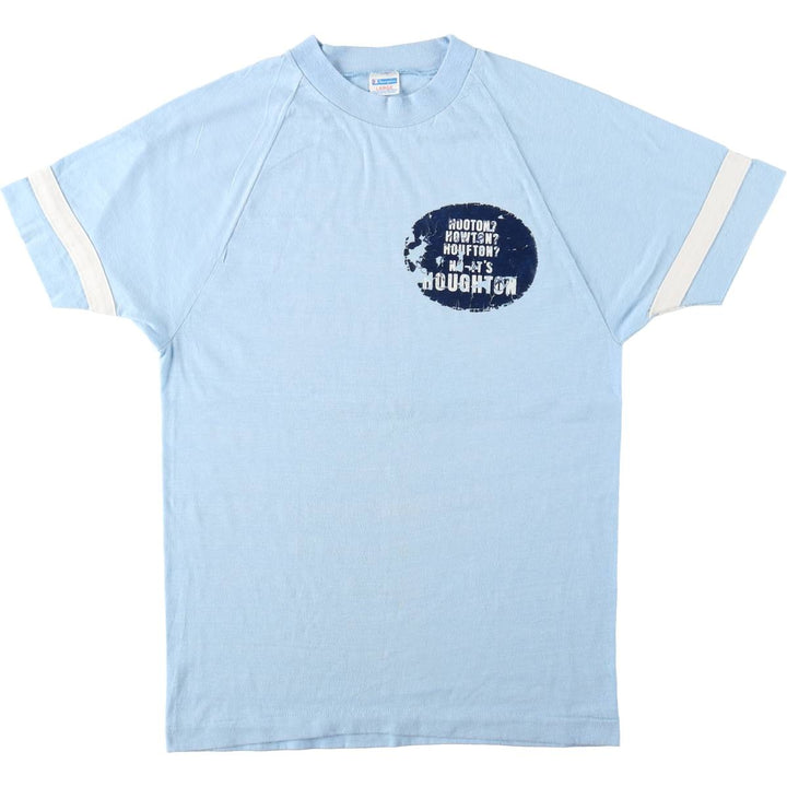 70'S Champion Bar Tag Print T-Shirt, Made in USA, Women's Size L (Equivalent), Vintage polyester Blue type light blue Vintage Second Hand