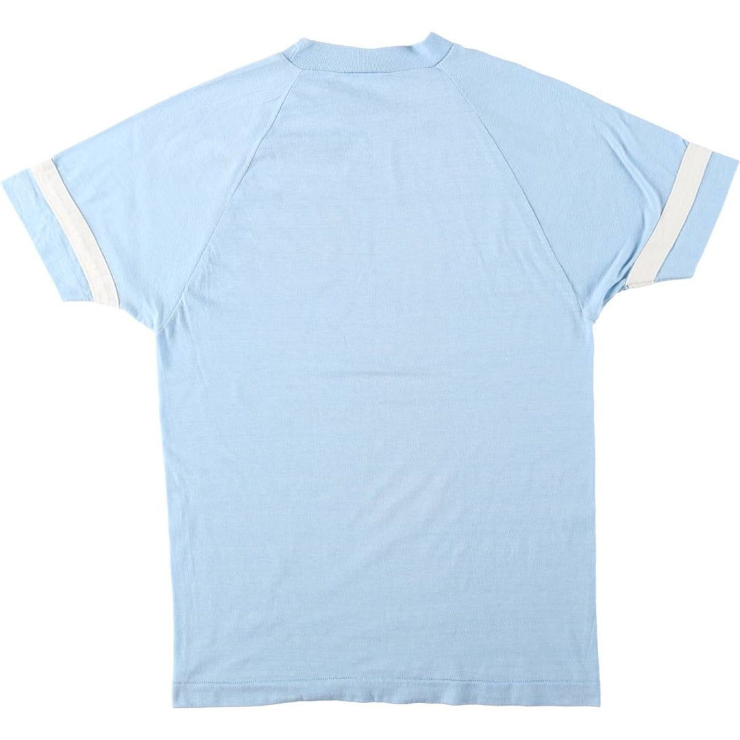 70'S Champion Bar Tag Print T-Shirt, Made in USA, Women's Size L (Equivalent), Vintage polyester Blue type light blue Vintage Second Hand