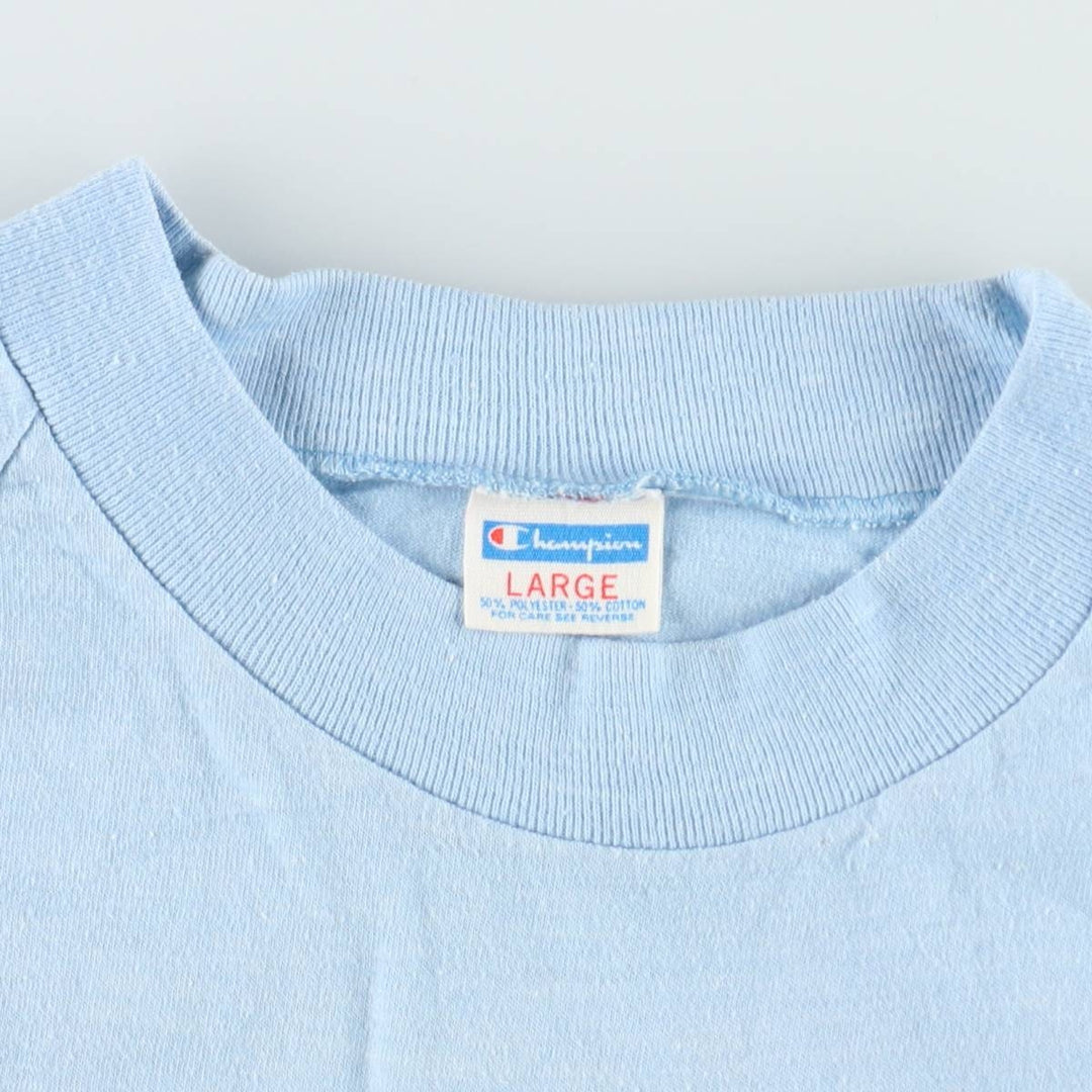 70'S Champion Bar Tag Print T-Shirt, Made in USA, Women's Size L (Equivalent), Vintage polyester Blue type light blue Vintage Second Hand