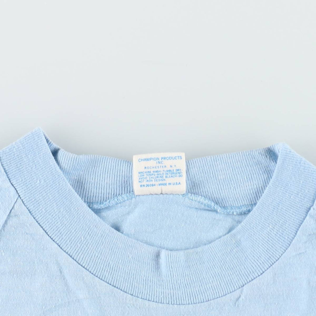 70'S Champion Bar Tag Print T-Shirt, Made in USA, Women's Size L (Equivalent), Vintage polyester Blue type light blue Vintage Second Hand