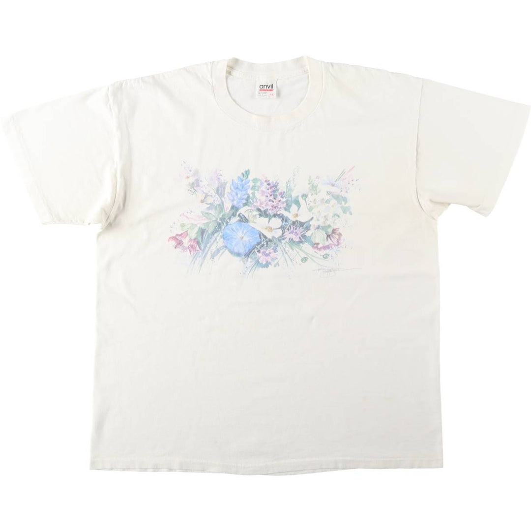 90'S Anvil Floral Art T-Shirt, Made in USA, Women's Size XL (Vintage) cotton white type Vintage Second Hand