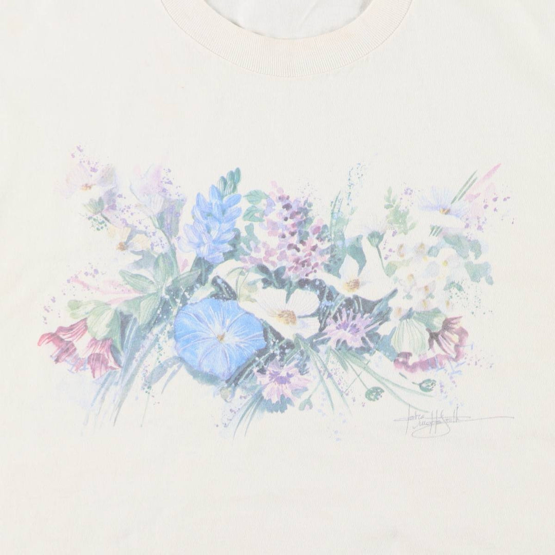 90'S Anvil Floral Art T-Shirt, Made in USA, Women's Size XL (Vintage) cotton white type Vintage Second Hand