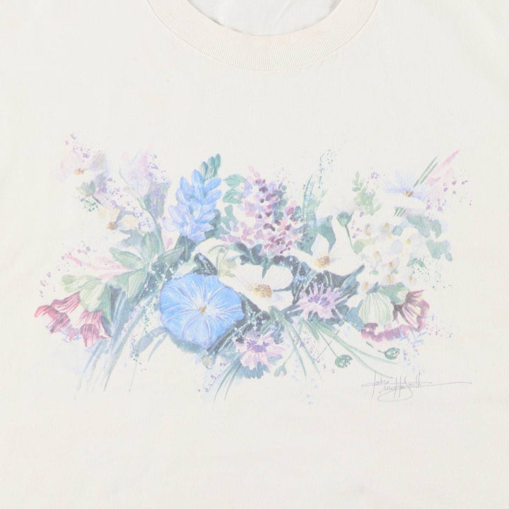 90'S Anvil Floral Art T-Shirt, Made in USA, Women's Size XL (Vintage) cotton white type Vintage Second Hand