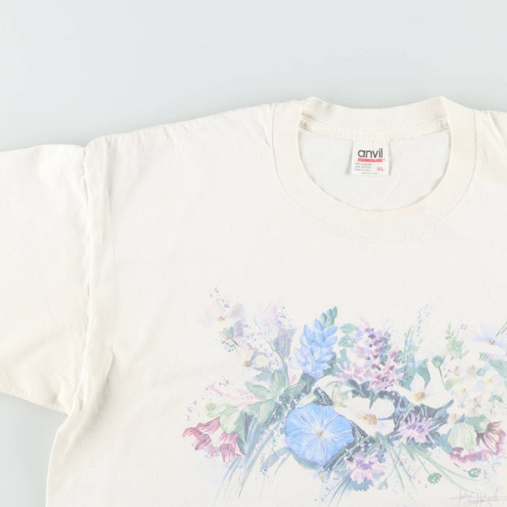 90'S Anvil Floral Art T-Shirt, Made in USA, Women's Size XL (Vintage) cotton white type Vintage Second Hand