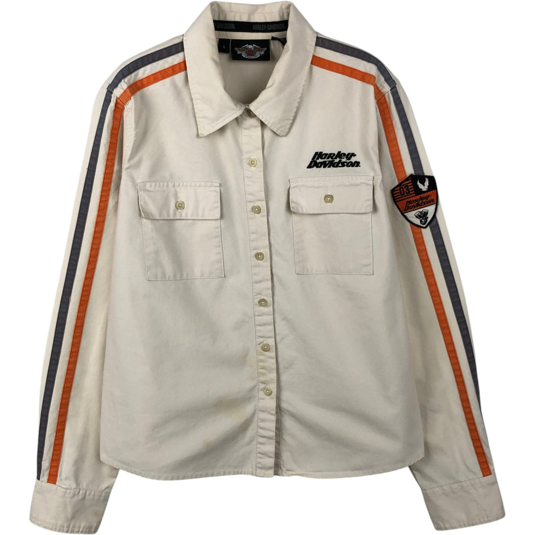 Harley-Davidson Motorcycle Long-Sleeve Cotton Work Shirt, Women's Size L (approx.) cotton ivory Vintage Second Hand