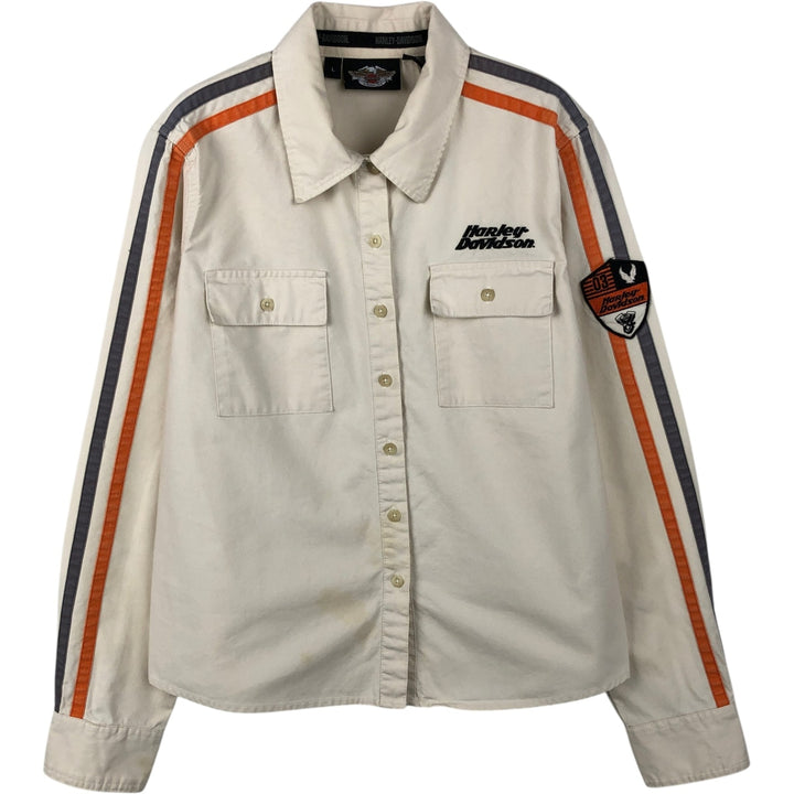 Harley-Davidson Motorcycle Long-Sleeve Cotton Work Shirt, Women's Size L (approx.) cotton ivory Vintage Second Hand