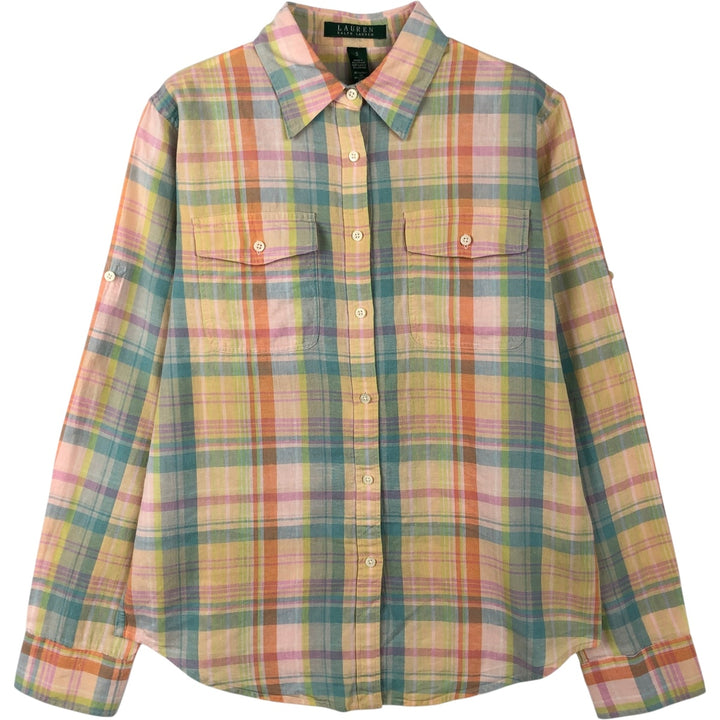 Ralph Lauren LAUREN Check Pattern Long-Sleeve Cotton x Linen Shirt, Women's Size S (approx.) linen Blue type light blue Vintage Second Hand
