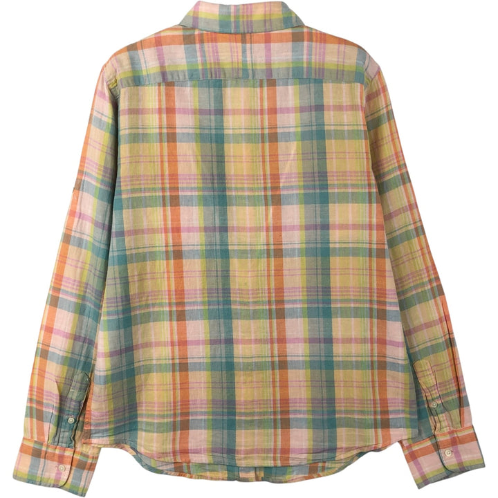 Ralph Lauren LAUREN Check Pattern Long-Sleeve Cotton x Linen Shirt, Women's Size S (approx.) linen Blue type light blue Vintage Second Hand