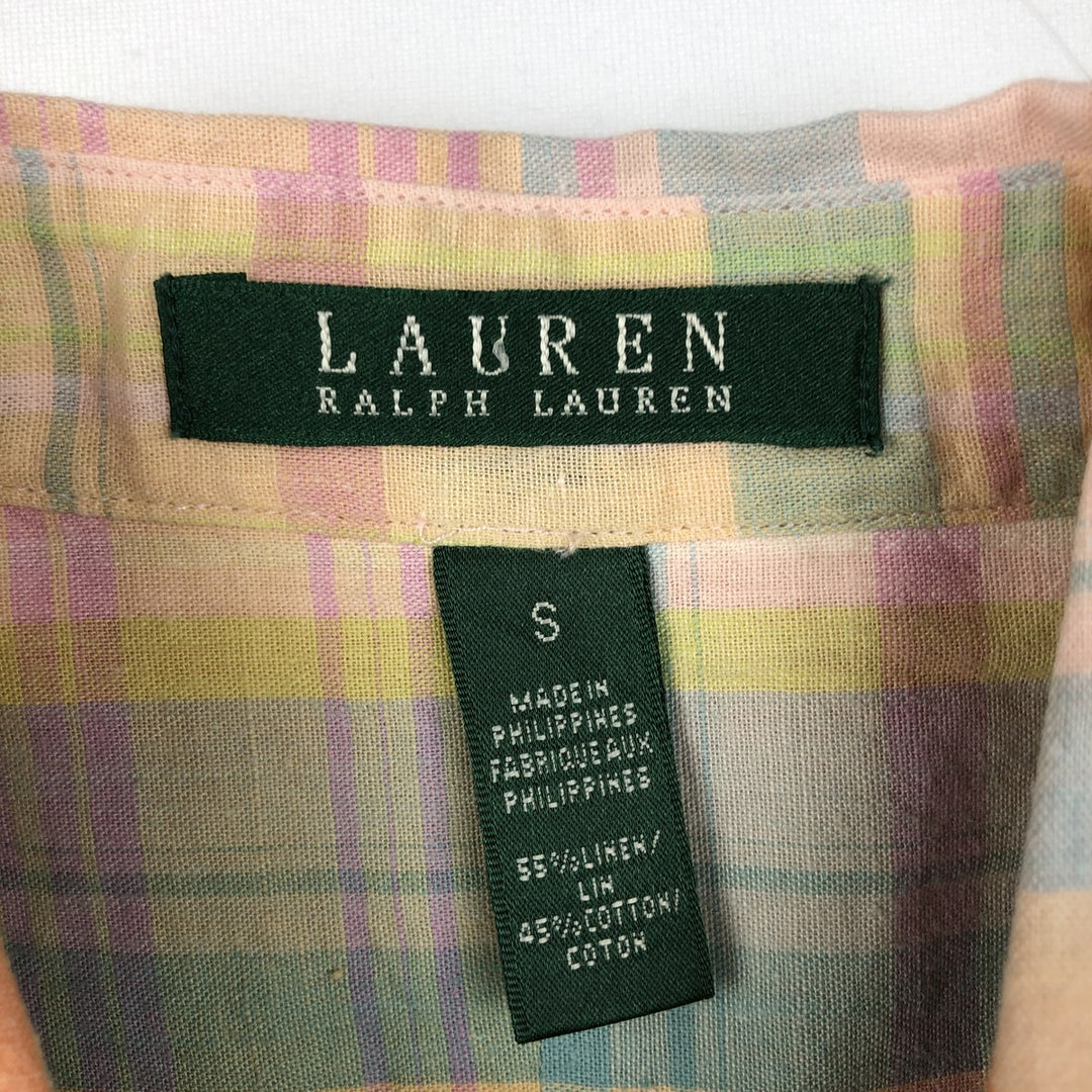 Ralph Lauren LAUREN Check Pattern Long-Sleeve Cotton x Linen Shirt, Women's Size S (approx.) linen Blue type light blue Vintage Second Hand