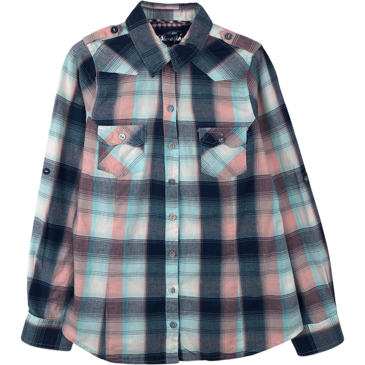 Atmosphere Check Pattern Long-Sleeve Western Shirt (Women's Size XS) cotton pink type Vintage Second Hand