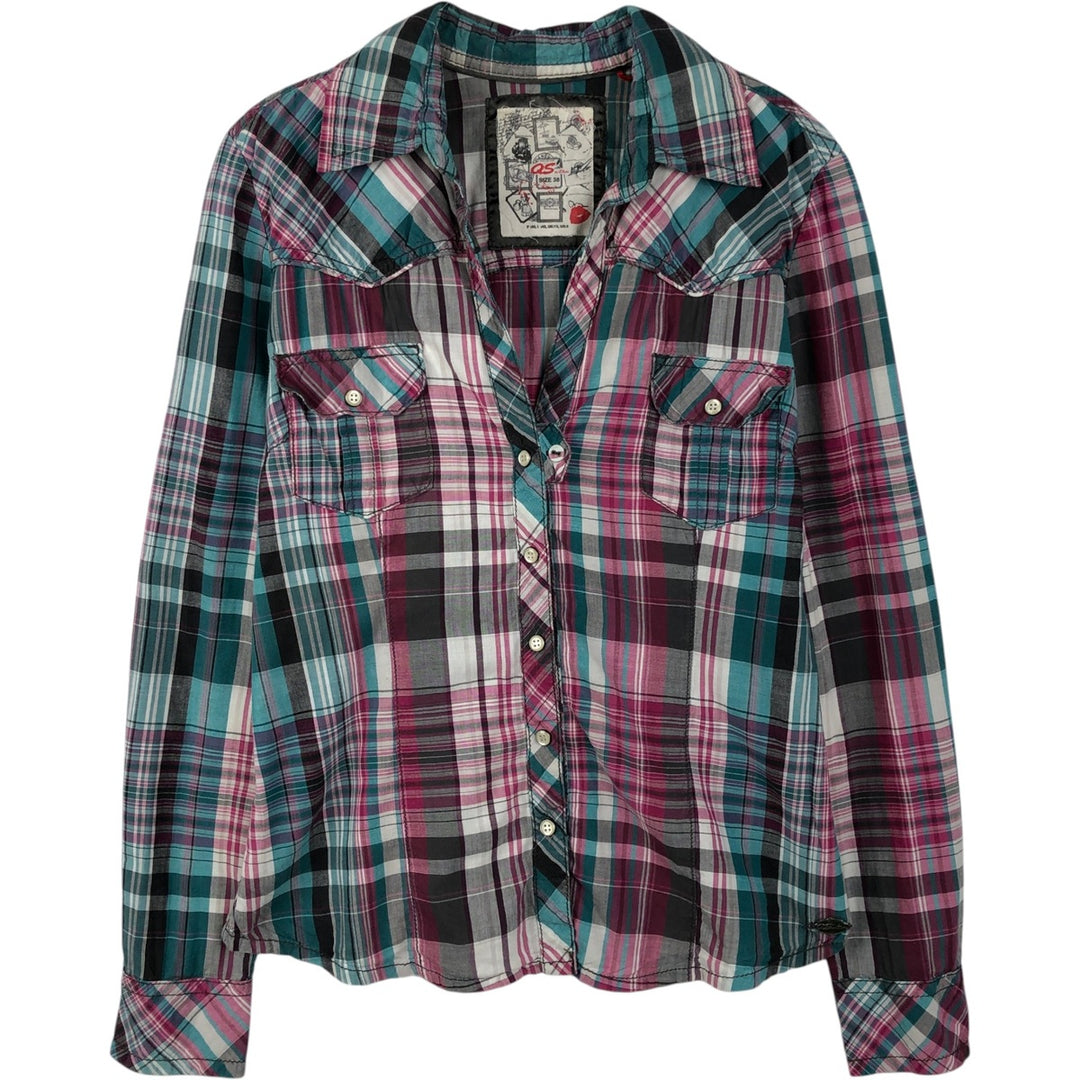 s.Oliver QS Check Pattern Long-Sleeve Western Shirt, Women's Size S (Equivalent), Skipper Neck cotton Blue type light blue Vintage Second Hand