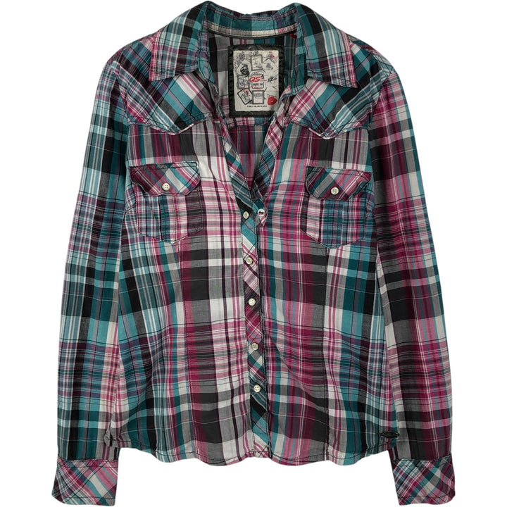 s.Oliver QS Check Pattern Long-Sleeve Western Shirt, Women's Size S (Equivalent), Skipper Neck cotton Blue type light blue Vintage Second Hand