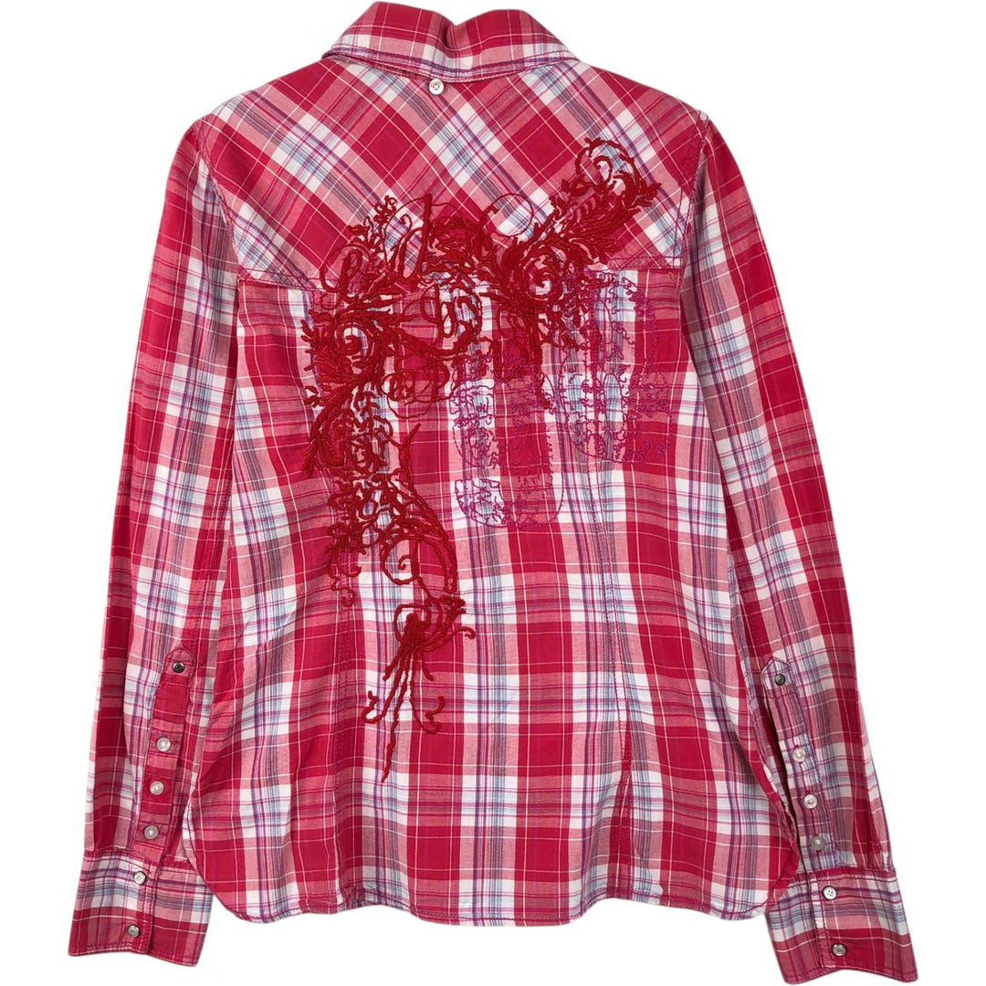 Esprit EDC Check Pattern Long-Sleeve Western Shirt, Women's Size M (approx.) cotton pink type Vintage Second Hand