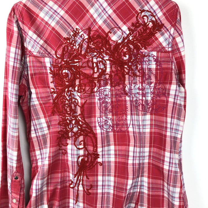 Esprit EDC Check Pattern Long-Sleeve Western Shirt, Women's Size M (approx.) cotton pink type Vintage Second Hand