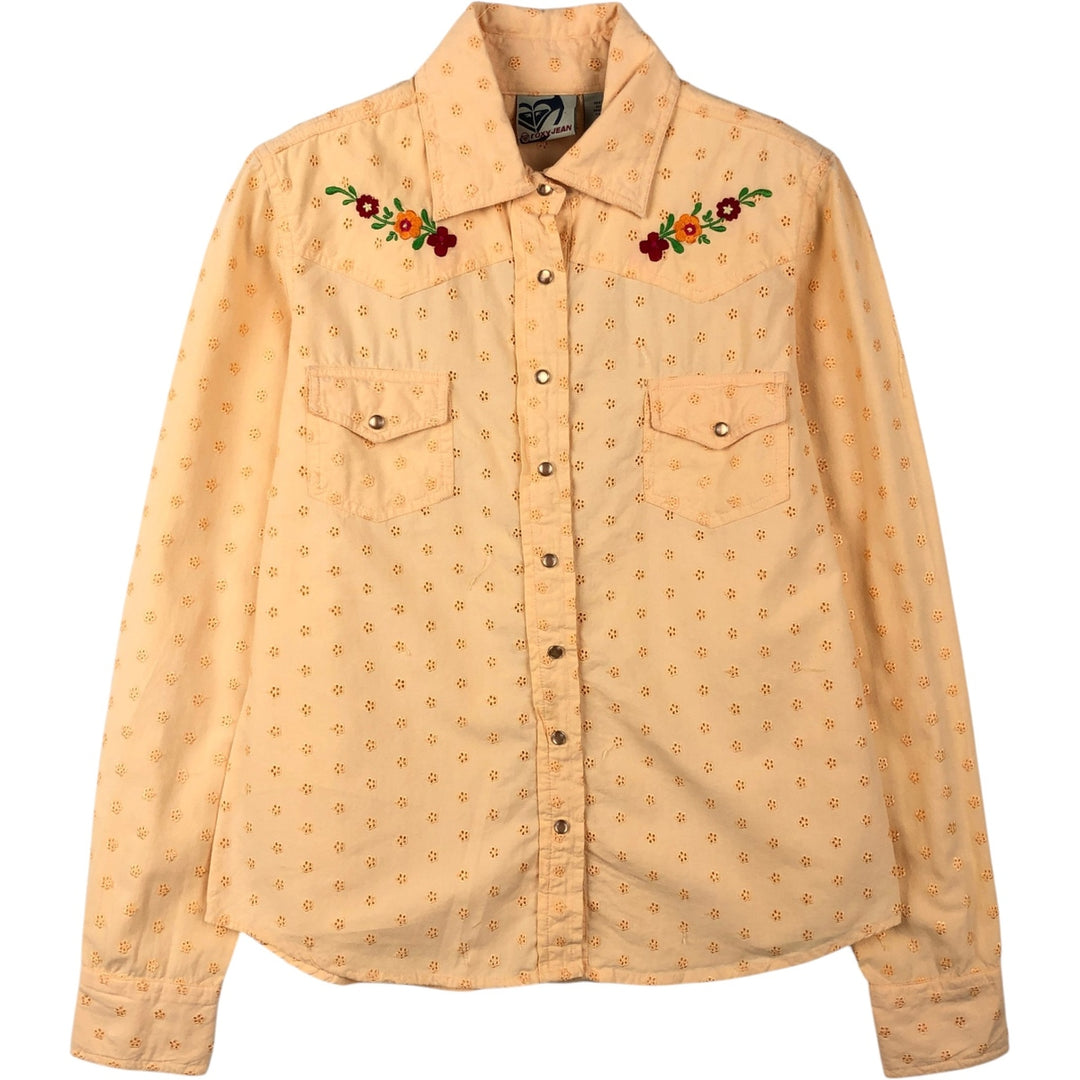Roxy Jeans Floral Cutwork Embroidery Long-Sleeve Western Shirt (Women's Size S) cotton orange type Vintage Second Hand