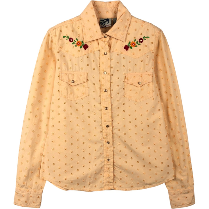 Roxy Jeans Floral Cutwork Embroidery Long-Sleeve Western Shirt (Women's Size S) cotton orange type Vintage Second Hand