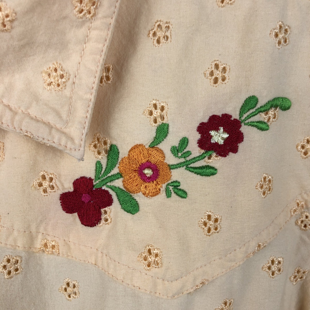 Roxy Jeans Floral Cutwork Embroidery Long-Sleeve Western Shirt (Women's Size S) cotton orange type Vintage Second Hand