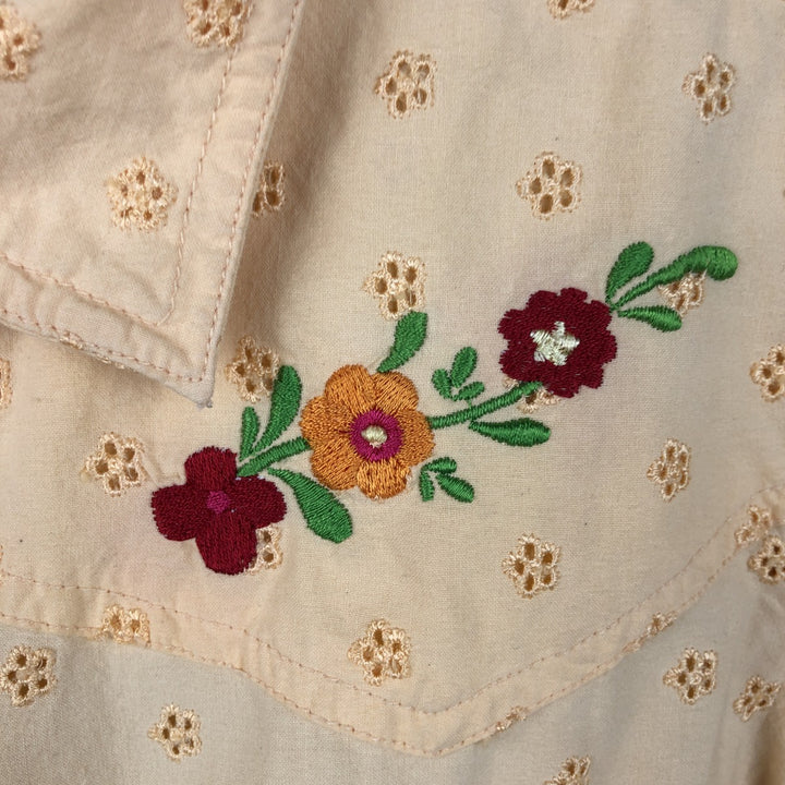 Roxy Jeans Floral Cutwork Embroidery Long-Sleeve Western Shirt (Women's Size S) cotton orange type Vintage Second Hand