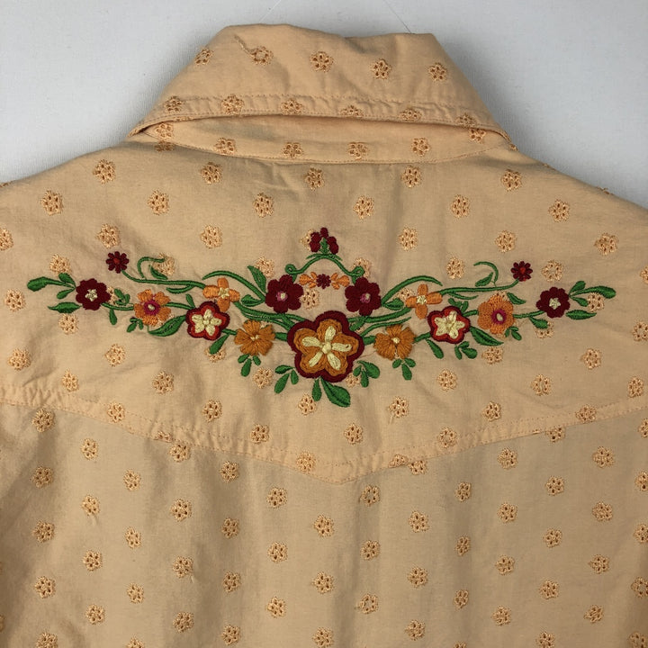 Roxy Jeans Floral Cutwork Embroidery Long-Sleeve Western Shirt (Women's Size S) cotton orange type Vintage Second Hand