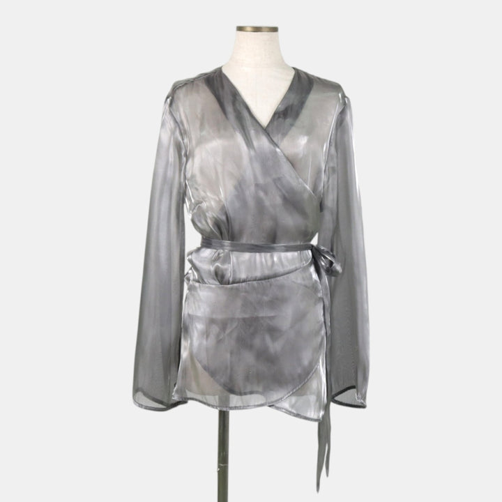 INC INTERNATIONAL CONCEPTS Cache-Coeur Long-Sleeve Sheer Blouse (Women's Size XL) unclear Silver type Vintage Second Hand