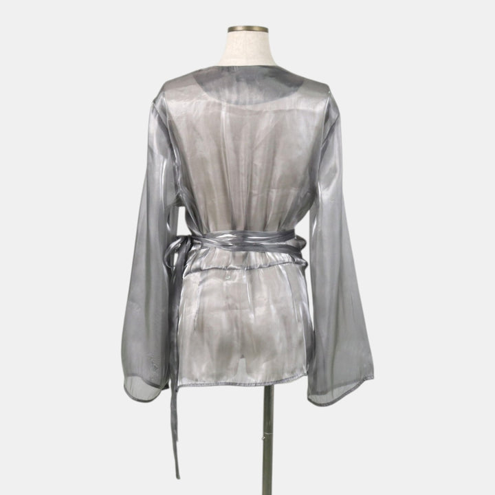 INC INTERNATIONAL CONCEPTS Cache-Coeur Long-Sleeve Sheer Blouse (Women's Size XL) unclear Silver type Vintage Second Hand