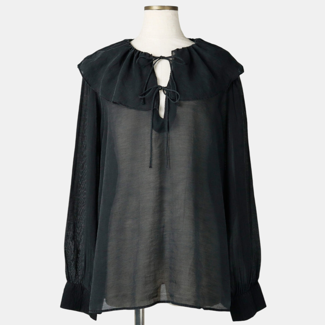 Lace-up, ruffled, long-sleeved, sheer blouse (women's size L equivalent) unclear black type Vintage Second Hand