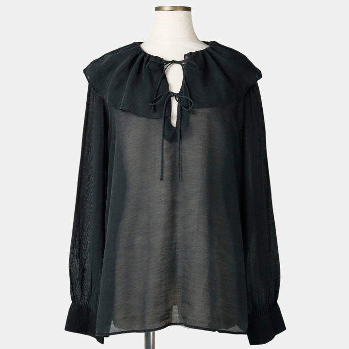 Lace-up, ruffled, long-sleeved, sheer blouse (women's size L equivalent) unclear black type Vintage Second Hand
