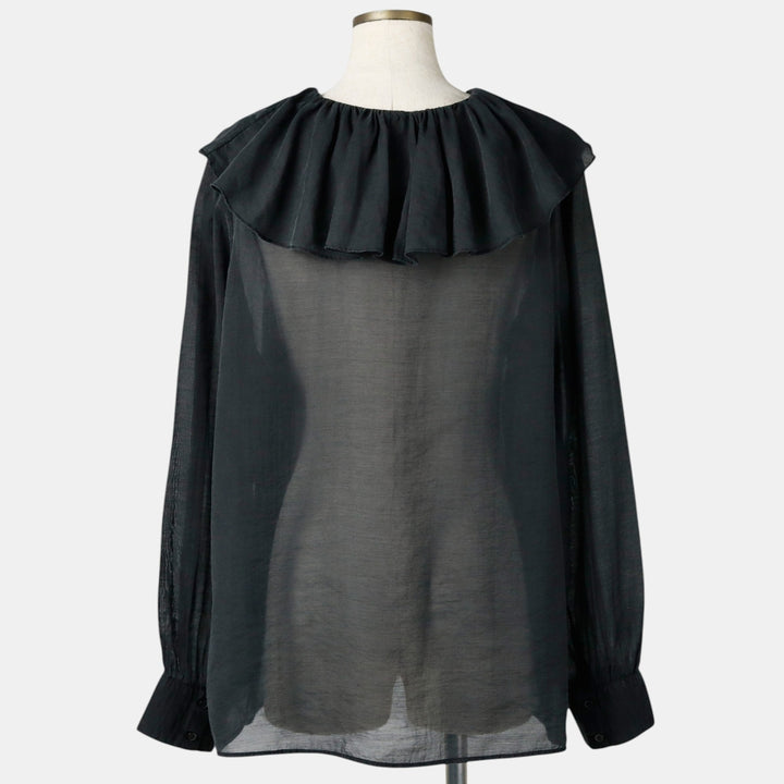 Lace-up, ruffled, long-sleeved, sheer blouse (women's size L equivalent) unclear black type Vintage Second Hand