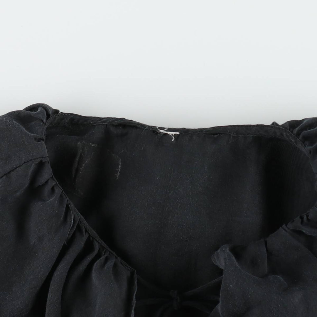 Lace-up, ruffled, long-sleeved, sheer blouse (women's size L equivalent) unclear black type Vintage Second Hand