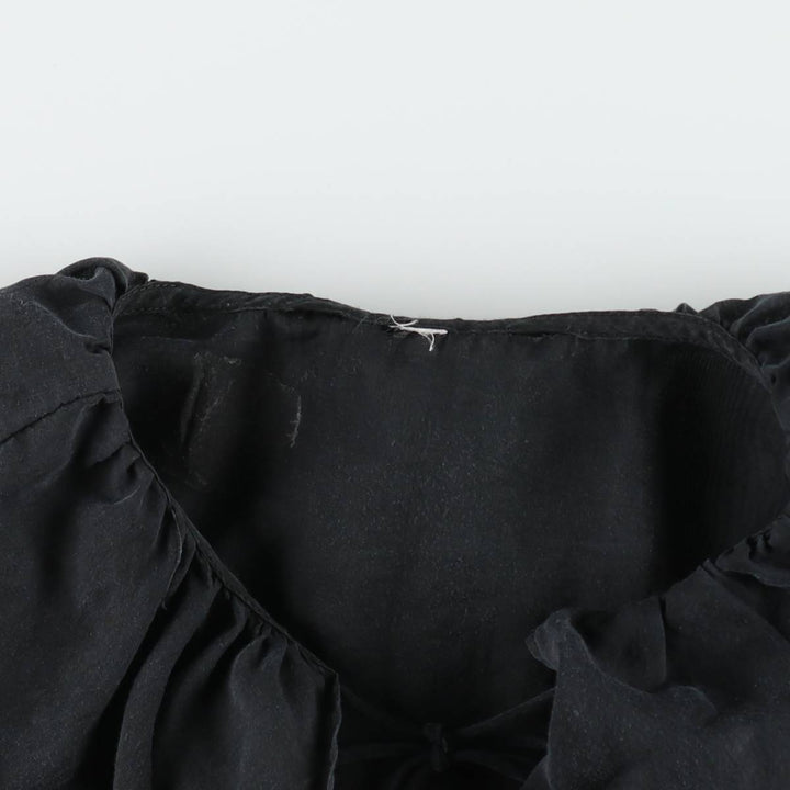 Lace-up, ruffled, long-sleeved, sheer blouse (women's size L equivalent) unclear black type Vintage Second Hand
