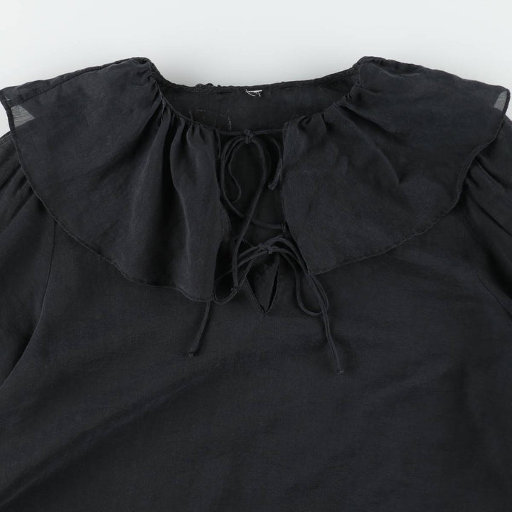 Lace-up, ruffled, long-sleeved, sheer blouse (women's size L equivalent) unclear black type Vintage Second Hand