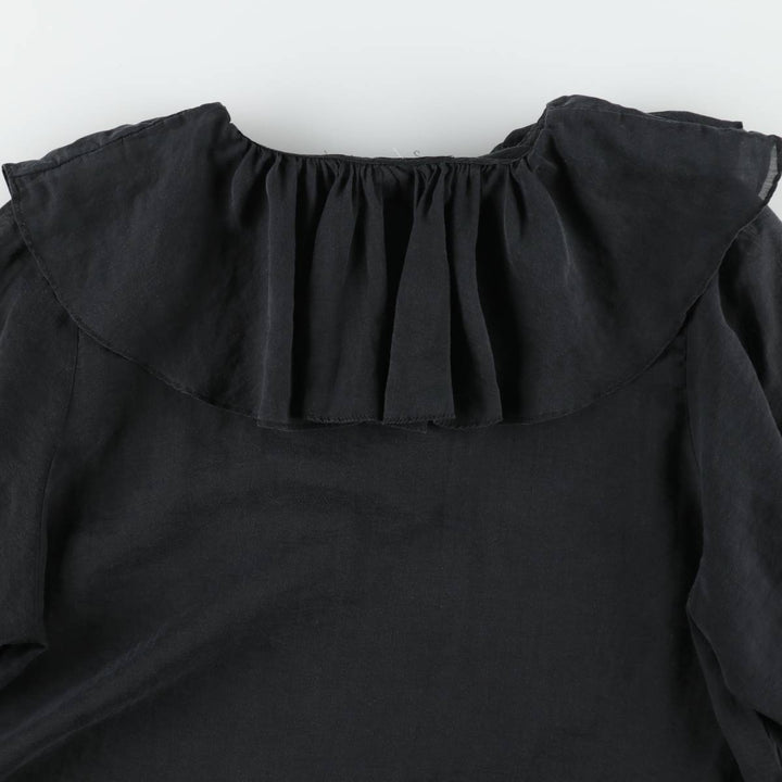 Lace-up, ruffled, long-sleeved, sheer blouse (women's size L equivalent) unclear black type Vintage Second Hand