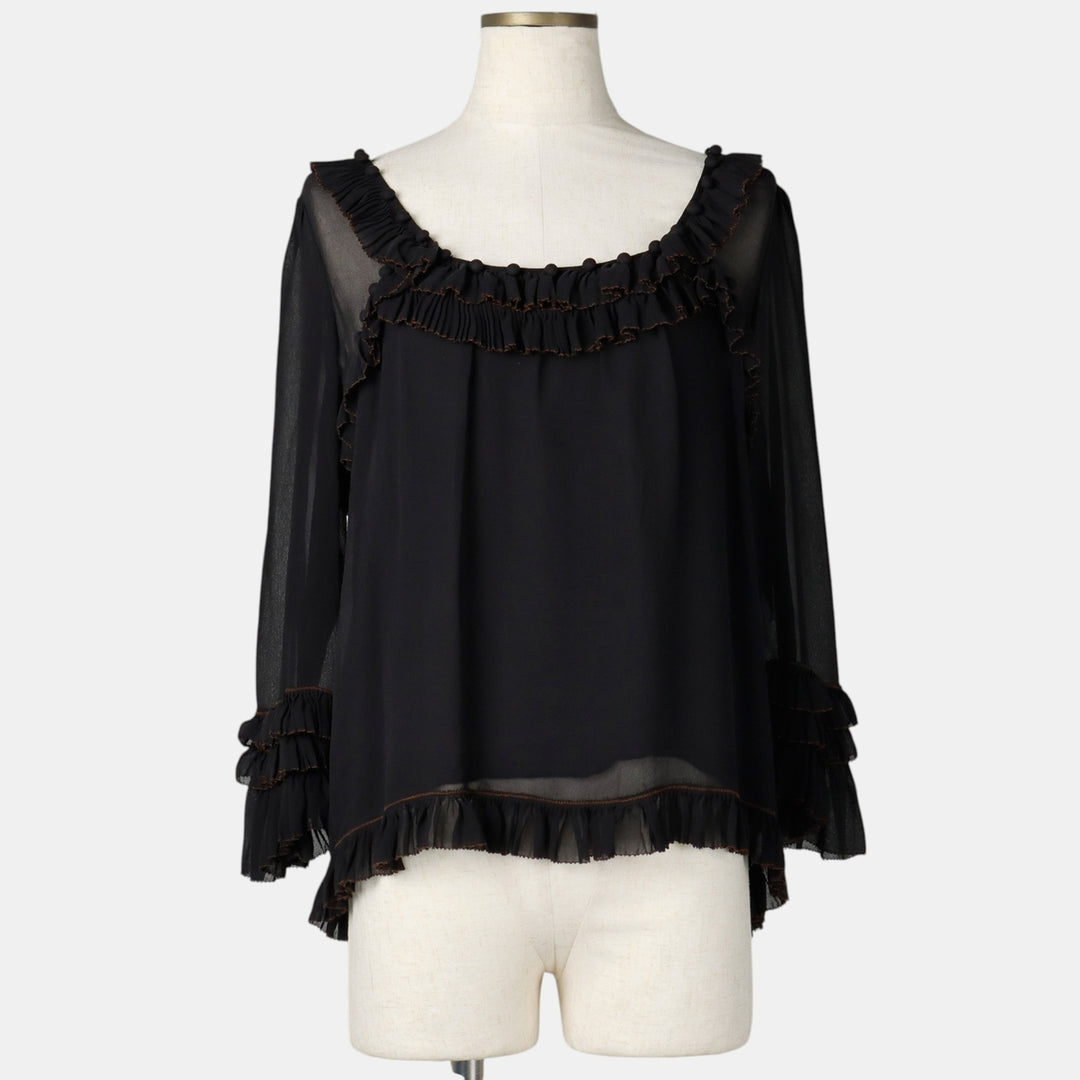 LEIFSDOTTIR Frill Back Button Long Sleeve Sheer Blouse (Women's Size S) silk black type Vintage Second Hand