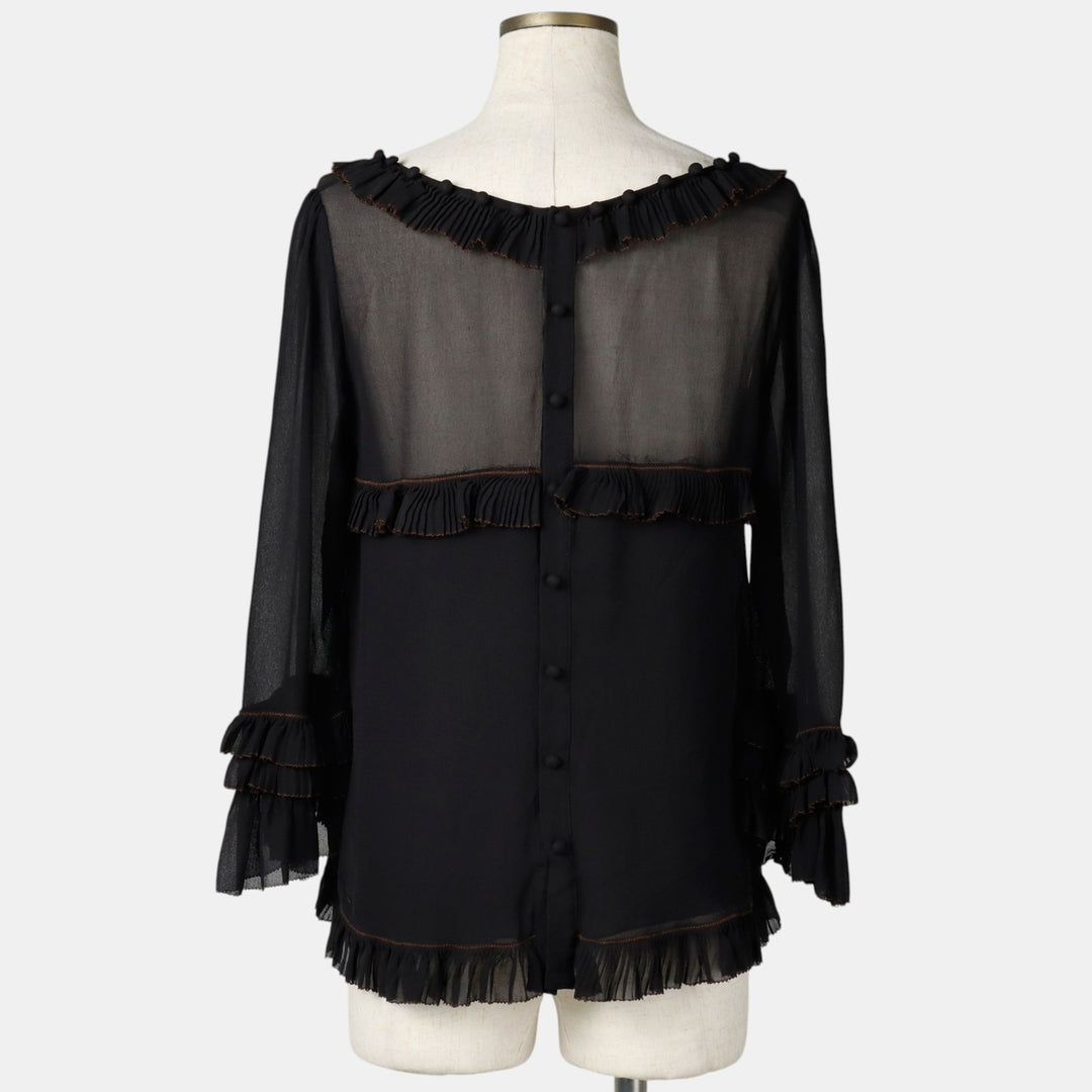 LEIFSDOTTIR Frill Back Button Long Sleeve Sheer Blouse (Women's Size S) silk black type Vintage Second Hand