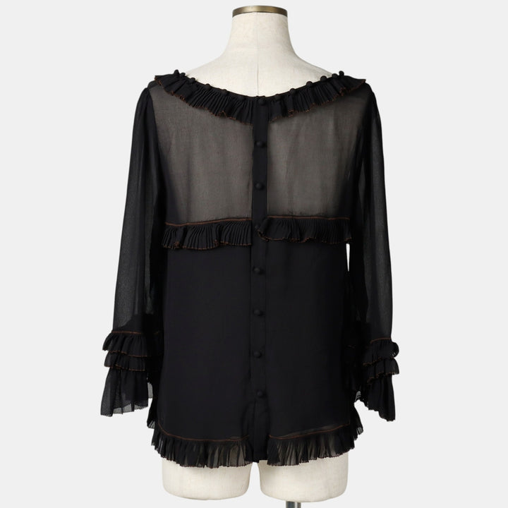 LEIFSDOTTIR Frill Back Button Long Sleeve Sheer Blouse (Women's Size S) silk black type Vintage Second Hand