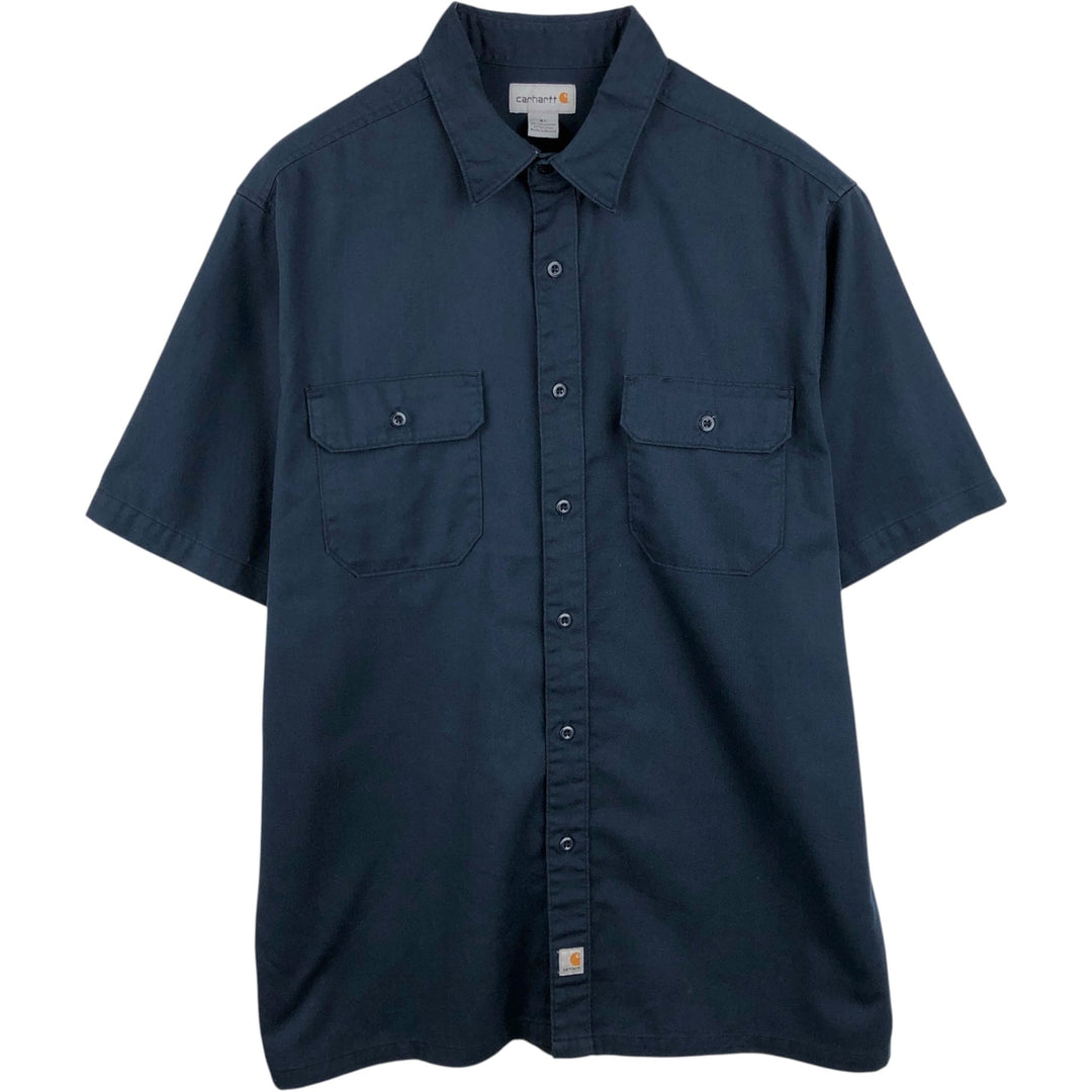 Carhartt back print short-sleeved work shirt, boxy style, men's size XL. polyester navy blue type Vintage Second Hand