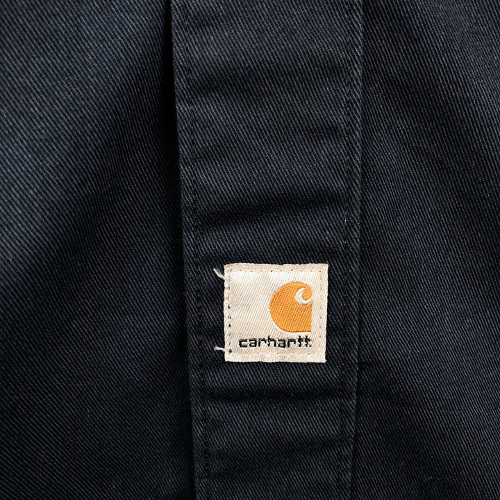 Carhartt back print short-sleeved work shirt, boxy style, men's size XL. polyester navy blue type Vintage Second Hand