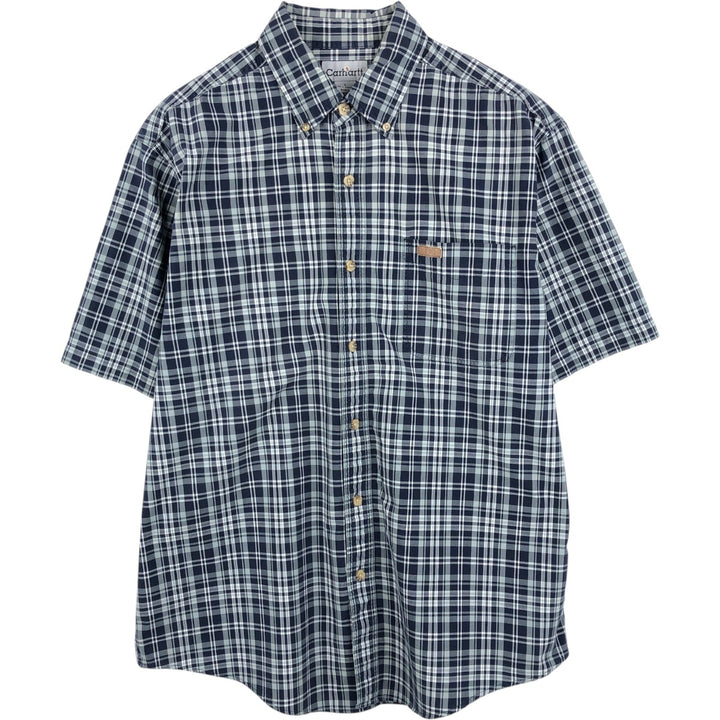 Carhartt Check Pattern Button-down Short Sleeve Work Shirt, Men's Size L cotton navy blue type Vintage Second Hand