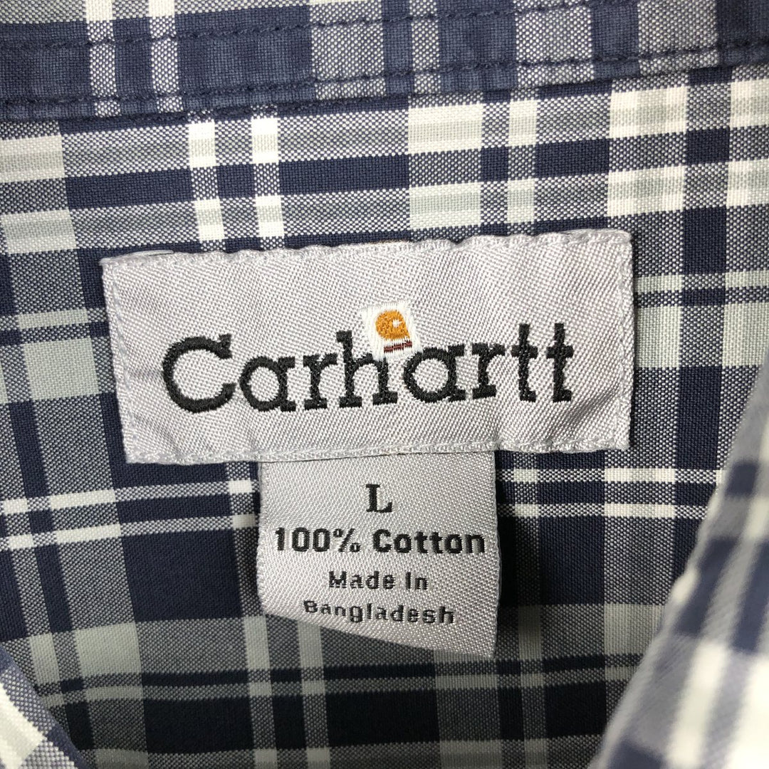 Carhartt Check Pattern Button-down Short Sleeve Work Shirt, Men's Size L cotton navy blue type Vintage Second Hand
