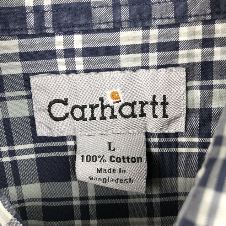 Carhartt Check Pattern Button-down Short Sleeve Work Shirt, Men's Size L cotton navy blue type Vintage Second Hand
