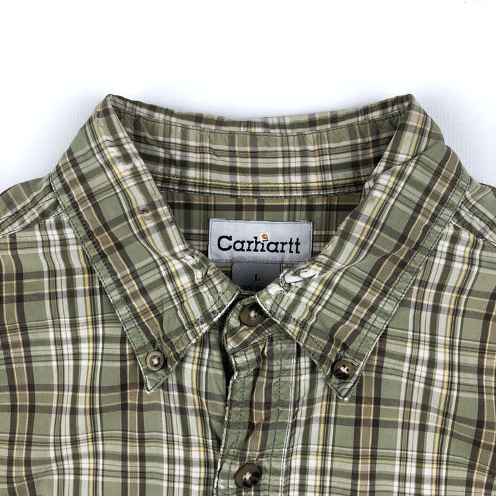 Carhartt Check Pattern Box Shirt Short Sleeve Work Shirt Men's Size L cotton Khaki type Vintage Second Hand
