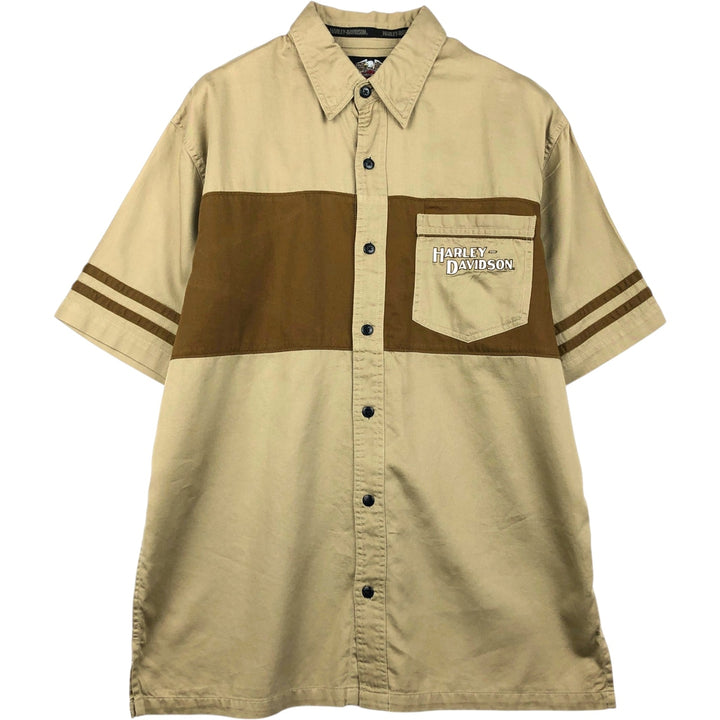 Harley-Davidson Hidden Button-Down Back Logo Short-Sleeve Work Shirt, Boxy Shirt, Men's Size M (approx.) cotton Khaki type Vintage Second Hand